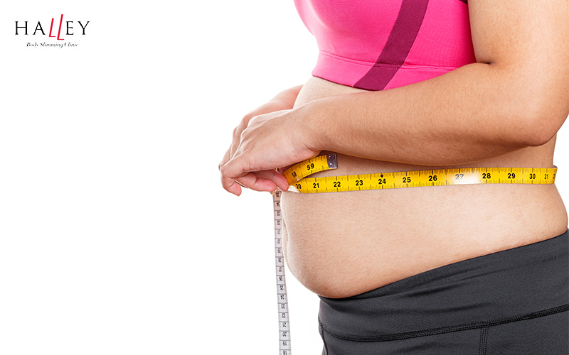 Person measuring their waistline with a yellow tape.